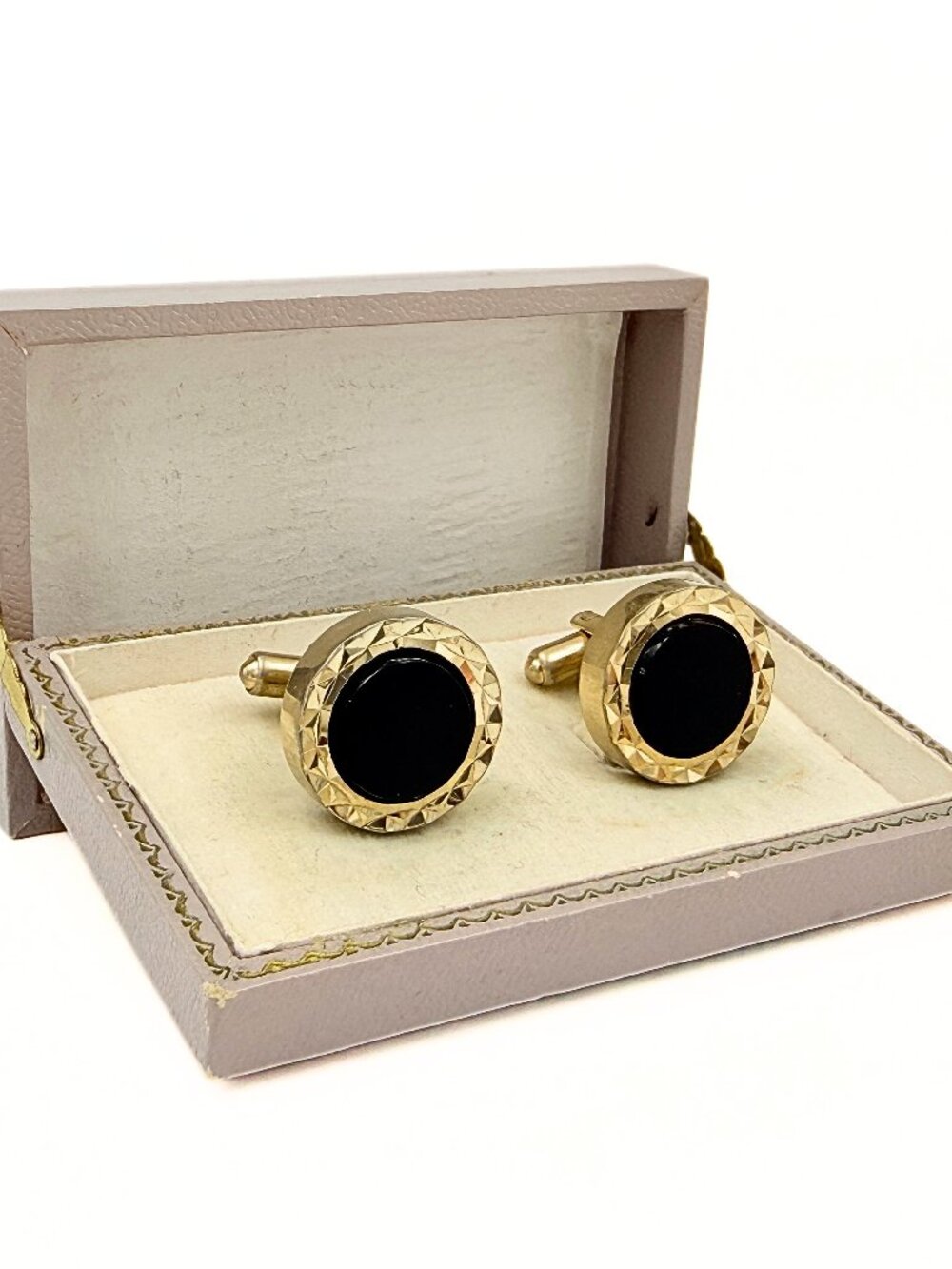 Hickok USA Designer Signed MCM Black Glass Gold Plated Modernist Cufflinks